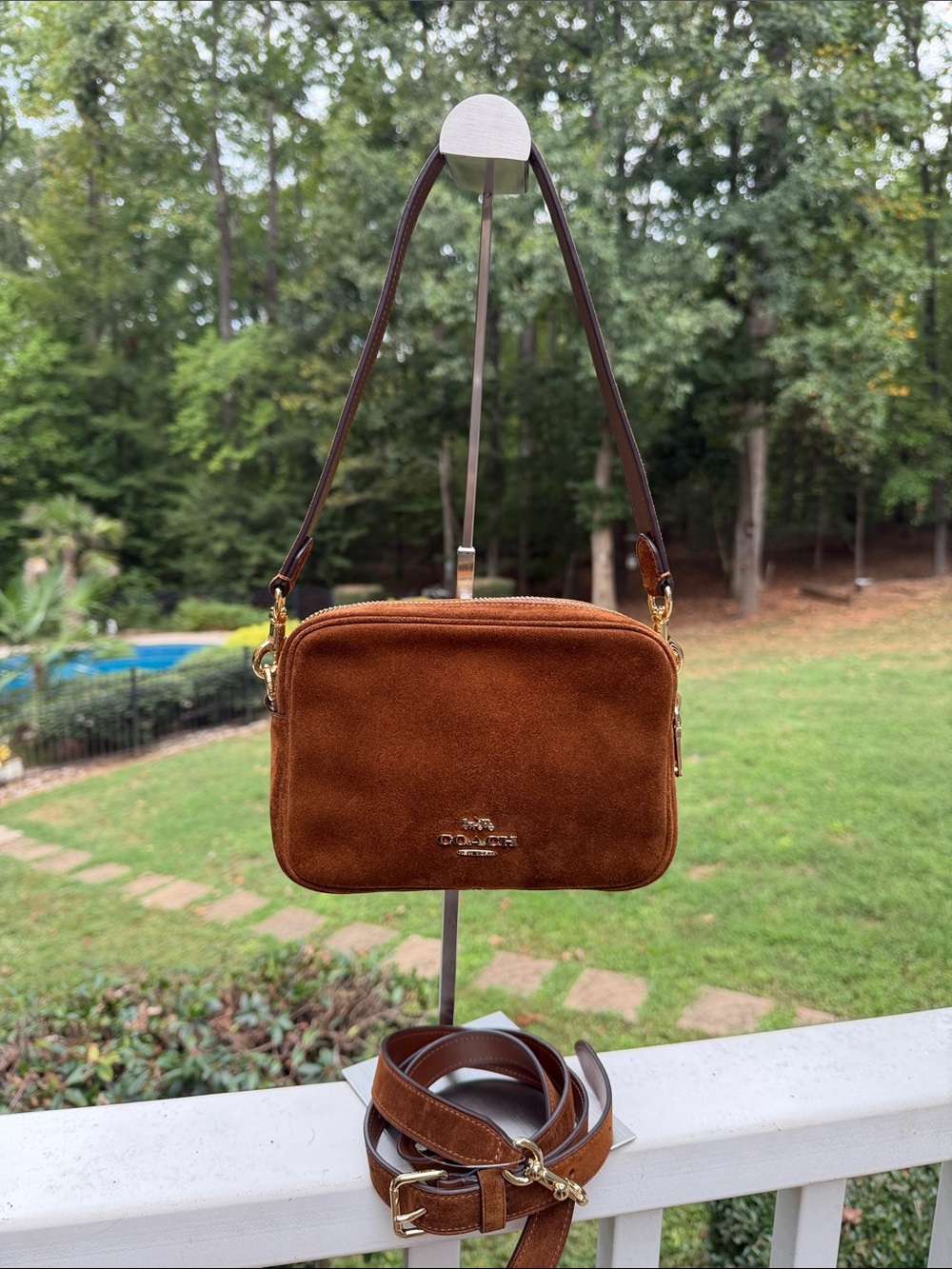 Coach Brown Suede Crossbody Camera Bag with Gold Hardware